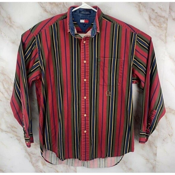 Vintage Tommy Hilfiger Red/Striped Long Sleeve Button Up Shirt Size Medium - Picture 1 of 7